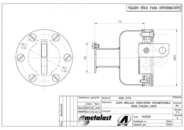 Drijflijnanker rvs-316 (AstralPool) voor foliebaden - AstralPool